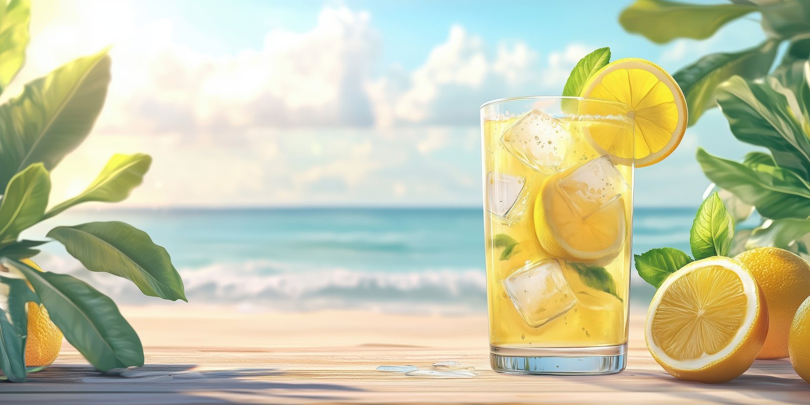 Refreshing citrus drink served on a wooden table with ocean view under a bright sky